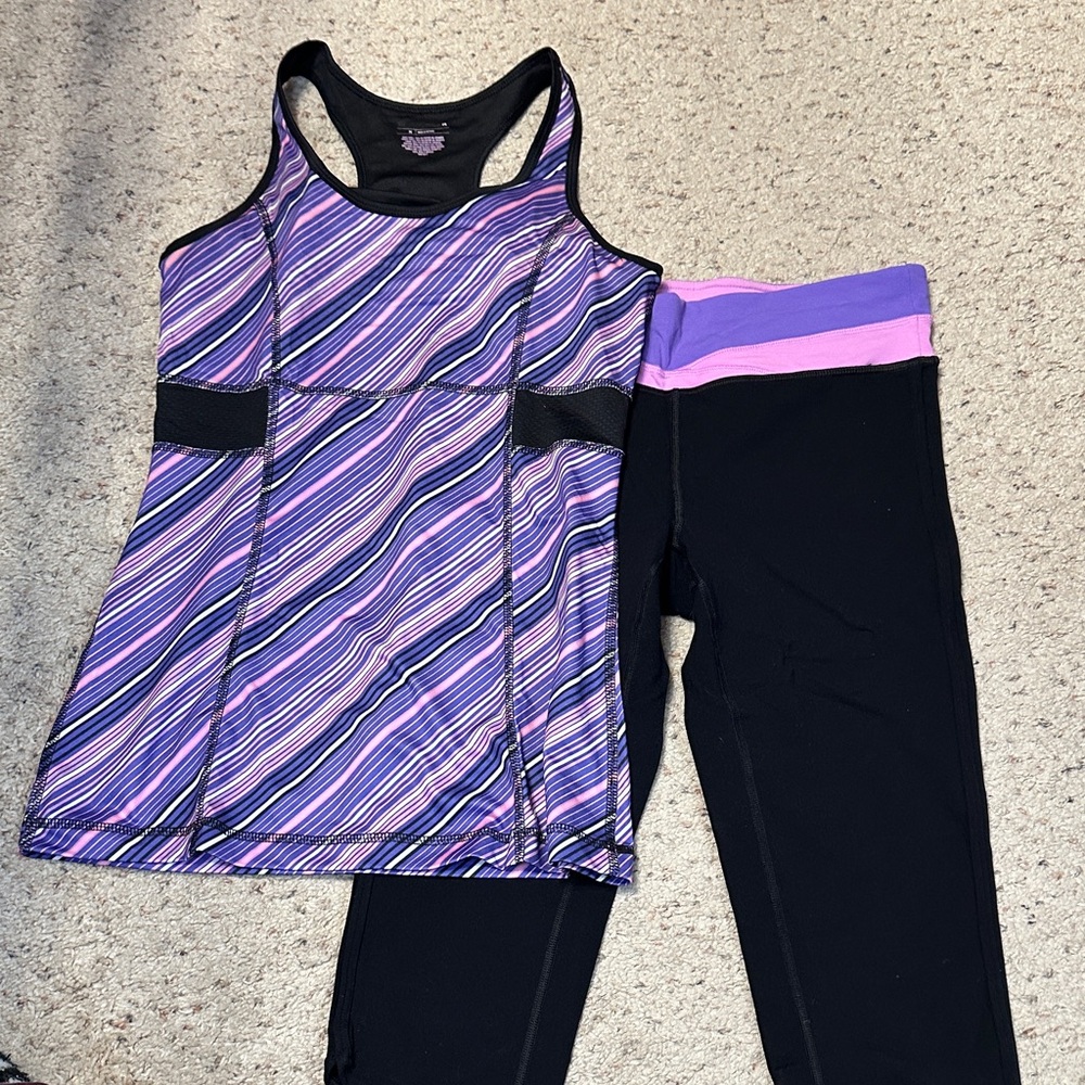 Purple and Black Athletic Tank and Leggings Set